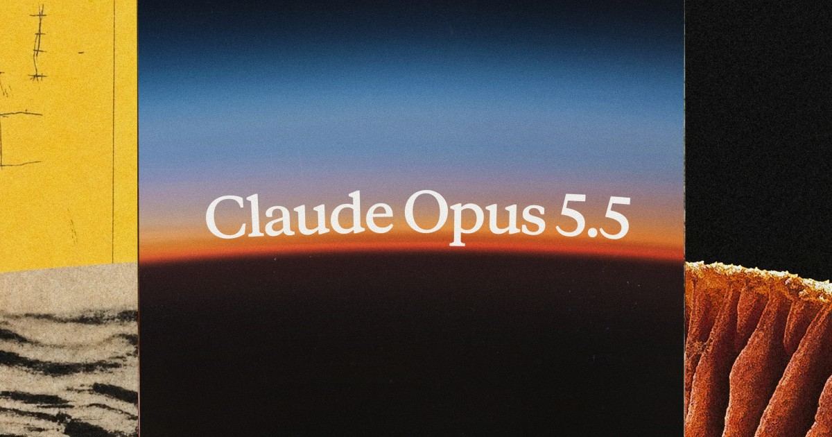 The Claude Opus 5.5 launch artwork: the model name set over a horizon gradient with textured sand and coral panels at the edges.