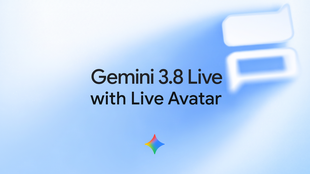 The words Gemini 3.8 Live with Live Avatar set over a blue gradient field, with the Gemini sparkle mark and a stylised speech-bubble graphic.